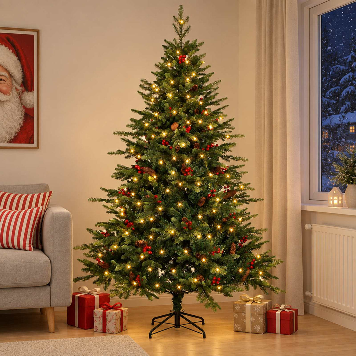 Albero di Natale Artificiale con Rami Pieghevoli 180 cm 300 LED