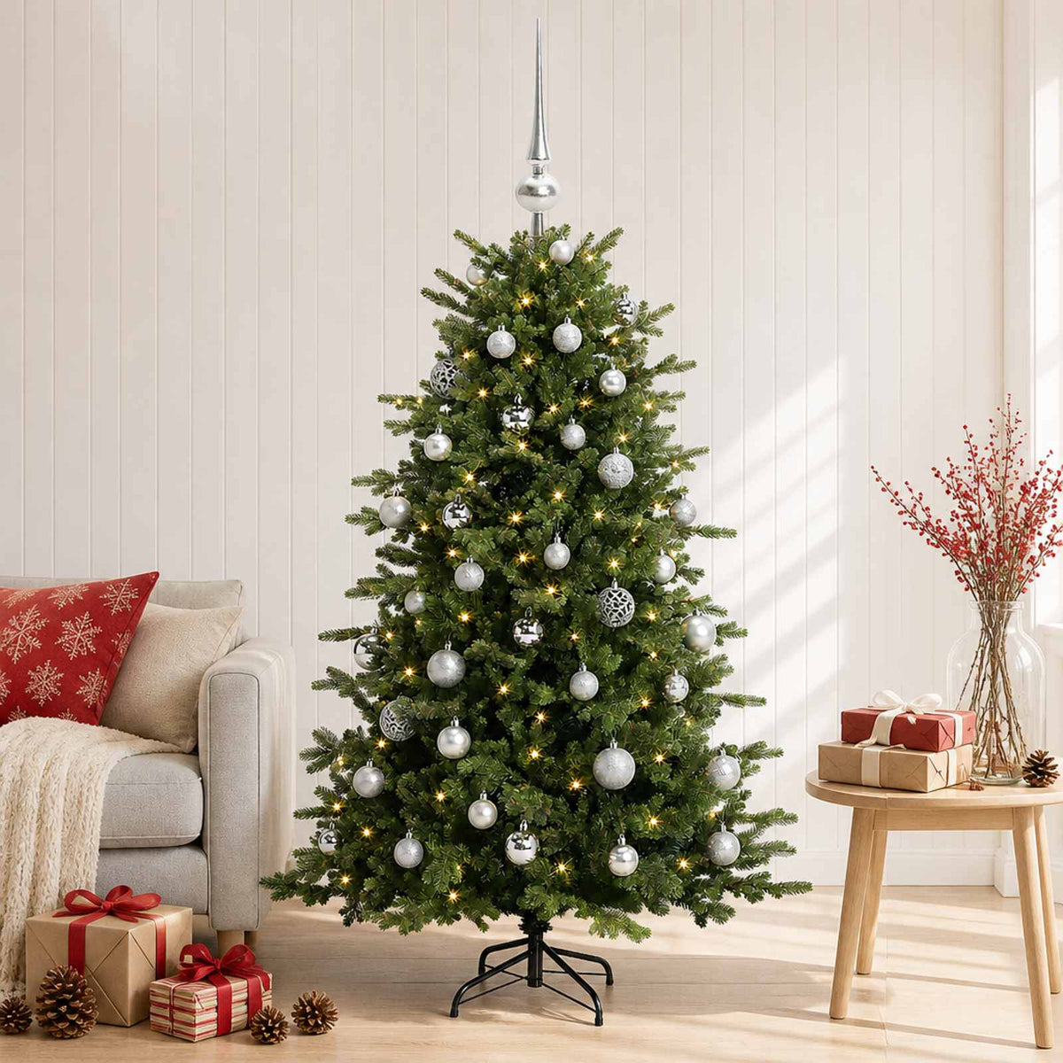Albero di Natale artificiale con palline 120 cm 150 LED