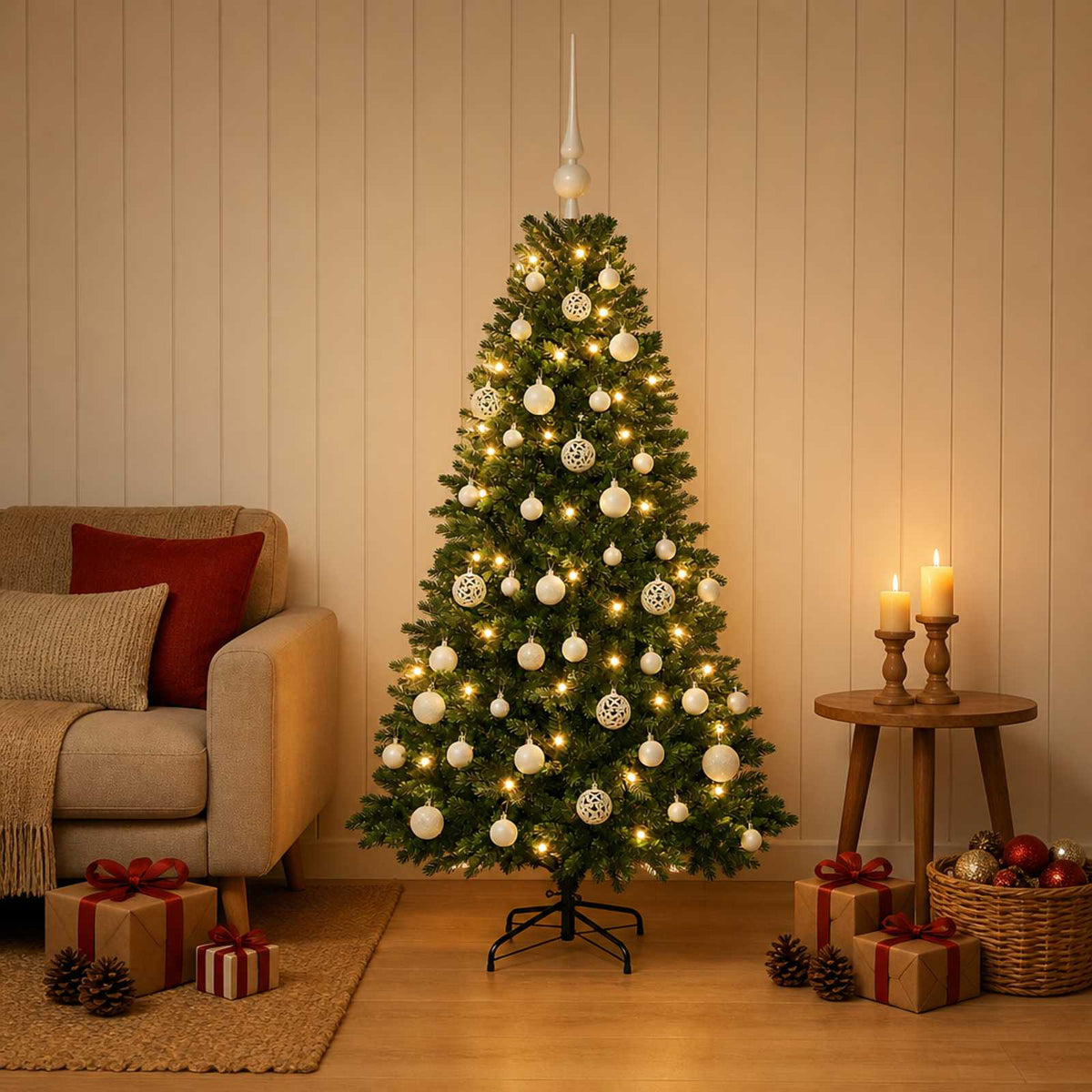 Albero di Natale Artificiale con Palline 150 cm 150 LED