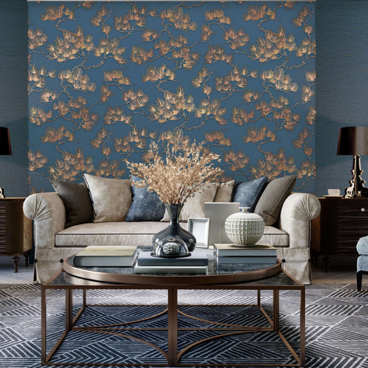 DUTCH WALLCOVERINGS Gold and Blue Pine Pattern Wallpaper