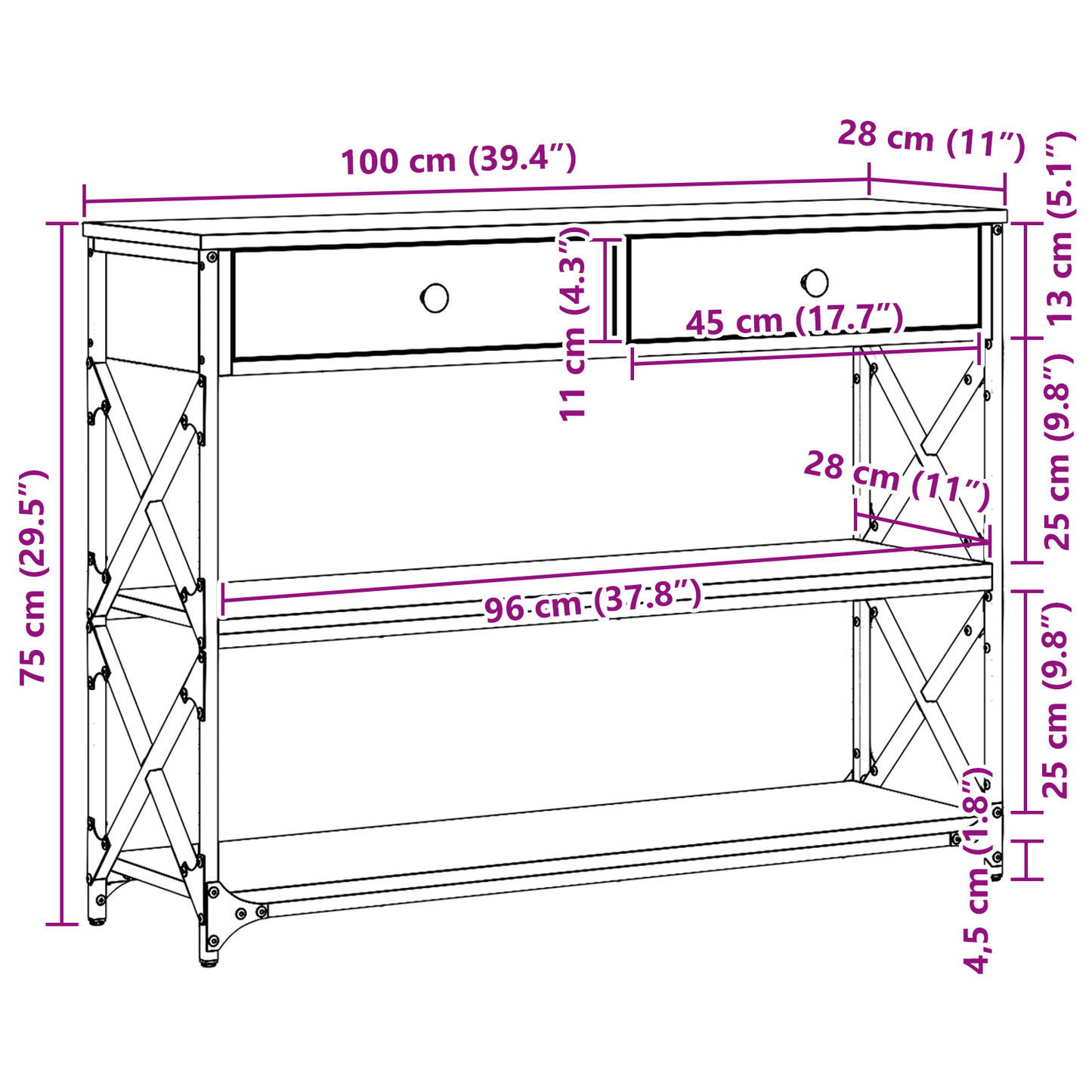 Tavolo Consolle con cassetto Rovere nero 100 x 28 x 75 cm | homemem39