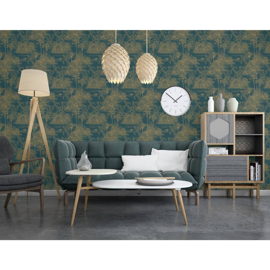 DUTCH WALLCOVERINGS Carta da Parati "Tropical" Blu Scuro e Oro - homemem39