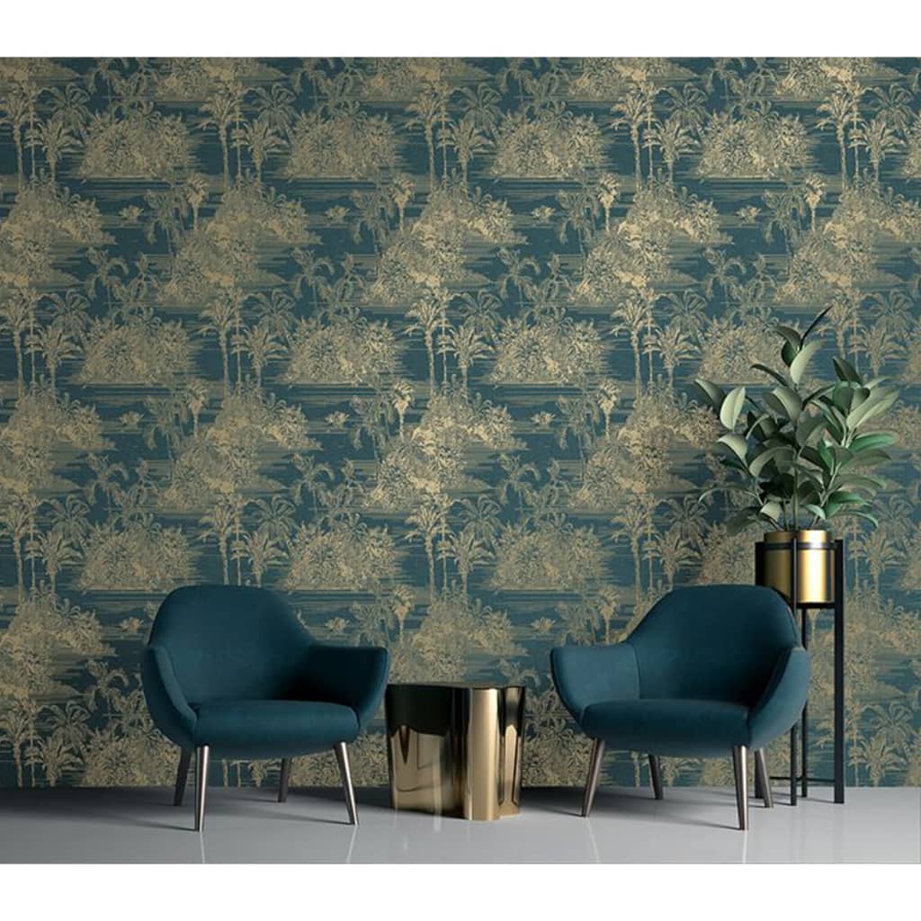 DUTCH WALLCOVERINGS Carta da Parati "Tropical" Blu Scuro e Oro - homemem39