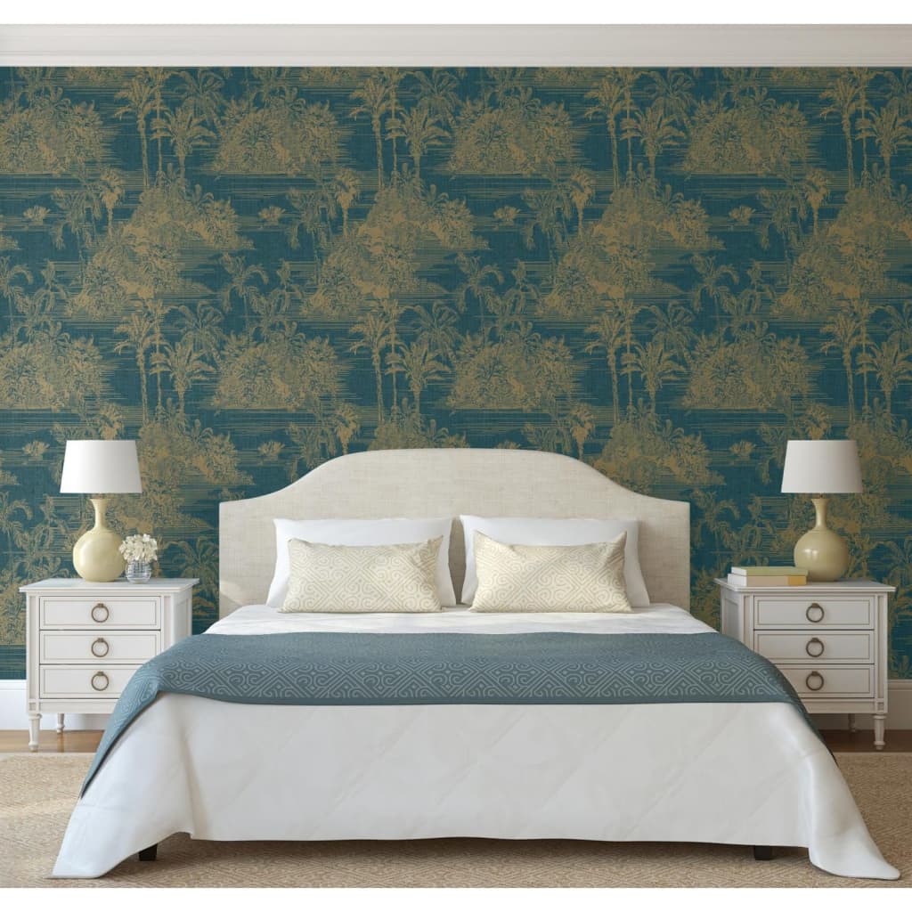 DUTCH WALLCOVERINGS Carta da Parati "Tropical" Blu Scuro e Oro - homemem39