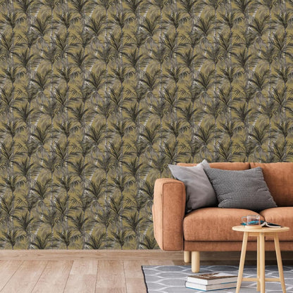 DUTCH WALLCOVERINGS Carta da Parati Palm Trees Oro e Nero - homemem39