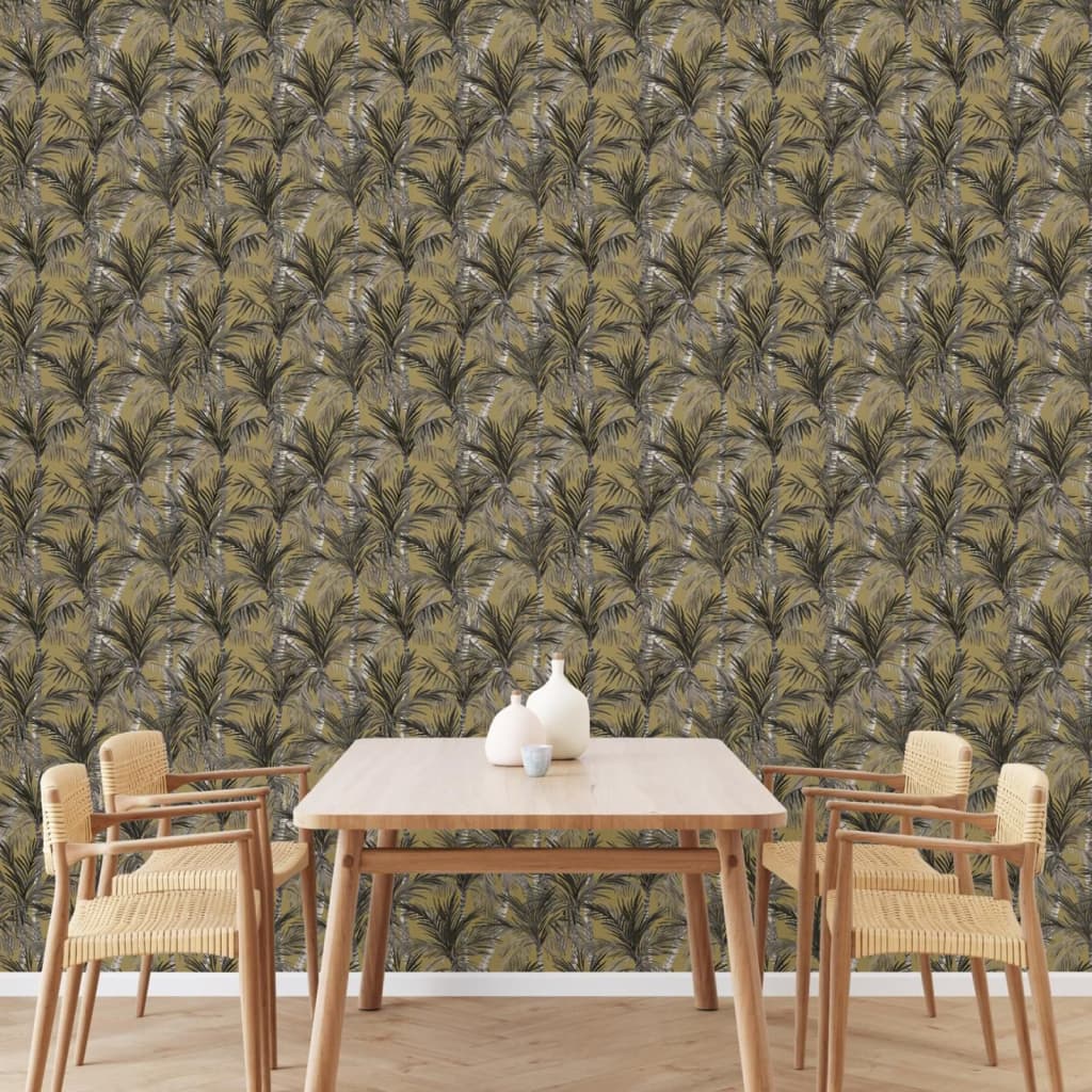 DUTCH WALLCOVERINGS Carta da Parati Palm Trees Oro e Nero - homemem39