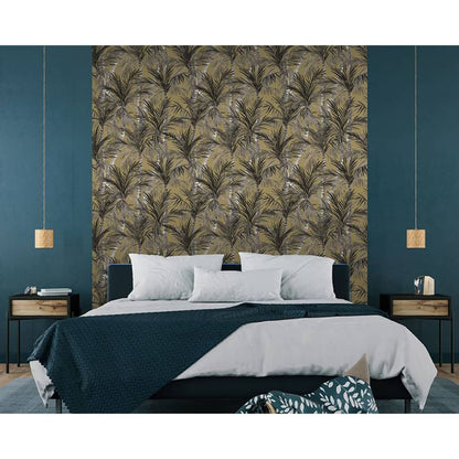 DUTCH WALLCOVERINGS Carta da Parati Palm Trees Oro e Nero - homemem39