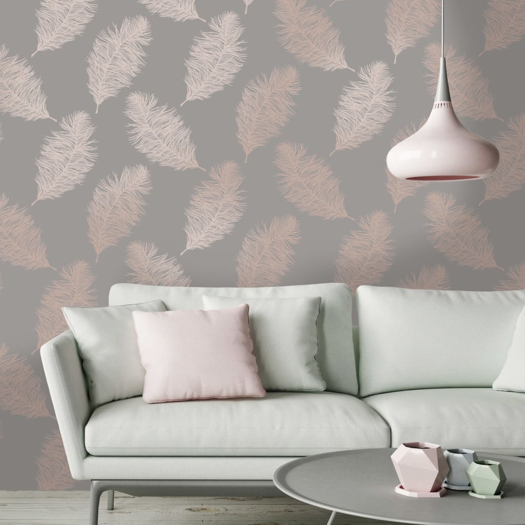 DUTCH WALLCOVERINGS Carta da Parati Fawning Feather Grigio e Oro Rosa - homemem39