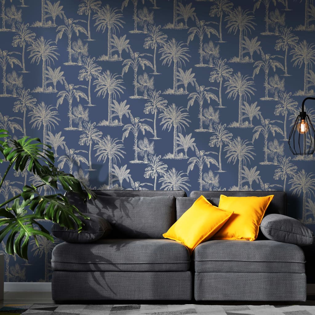 DUTCH WALLCOVERINGS Carta da Parati Alberi Tropicali Blu e Argento - homemem39