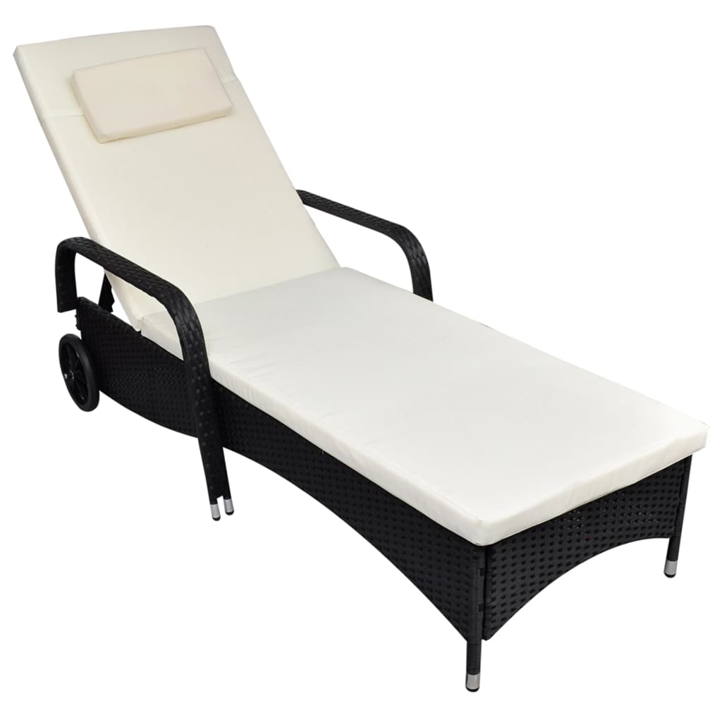 Lettino Prendisole con Cuscino e Ruote in Polyrattan Nero - homemem39