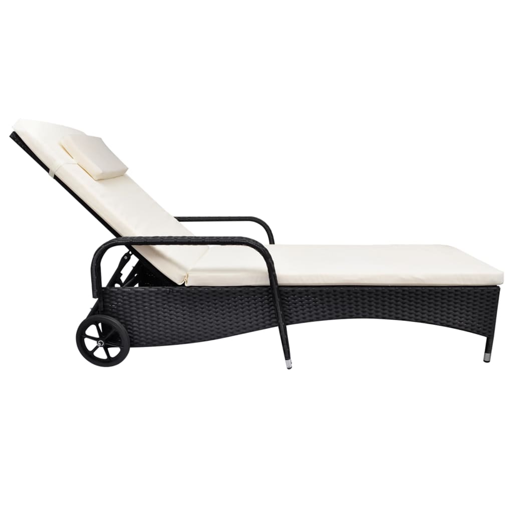 Lettino Prendisole con Cuscino e Ruote in Polyrattan Nero - homemem39