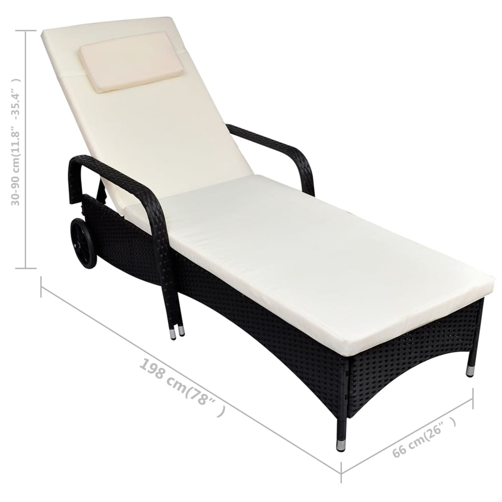 Lettino Prendisole con Cuscino e Ruote in Polyrattan Nero - homemem39