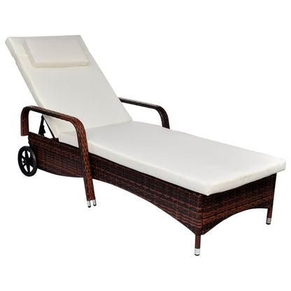 Lettino Prendisole con Cuscino e Ruote in Polyrattan Marrone - homemem39