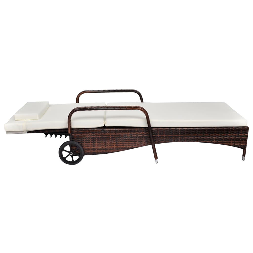 Lettino Prendisole con Cuscino e Ruote in Polyrattan Marrone - homemem39