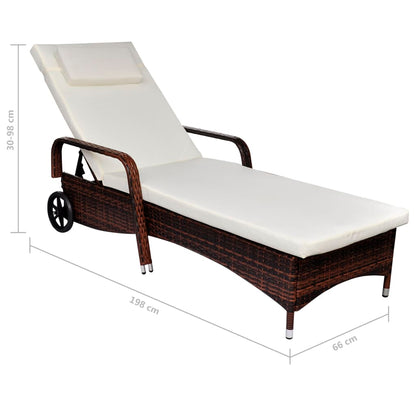 Lettino Prendisole con Cuscino e Ruote in Polyrattan Marrone - homemem39