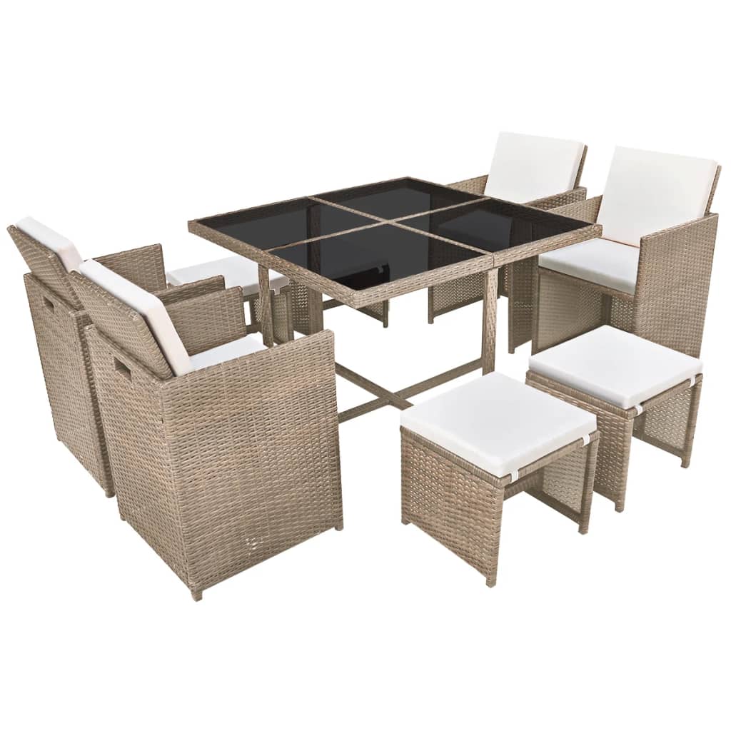 Set da Pranzo da Giardino 9 pz con Cuscini in Polyrattan Beige - homemem39