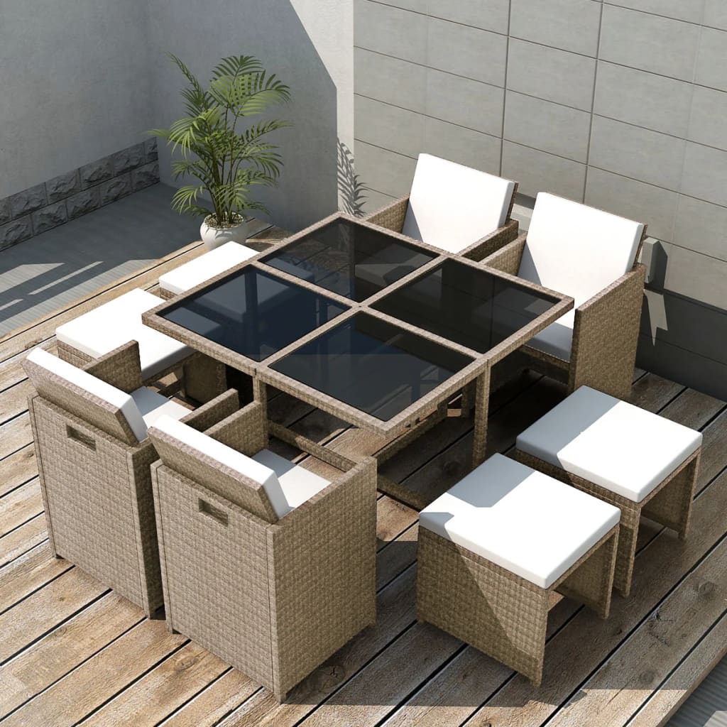 Set da Pranzo da Giardino 9 pz con Cuscini in Polyrattan Beige - homemem39