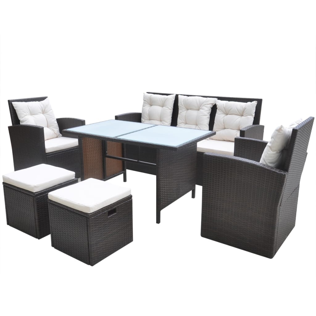 Set da Pranzo da Giardino 6 pz con Cuscini Polyrattan Marrone - homemem39