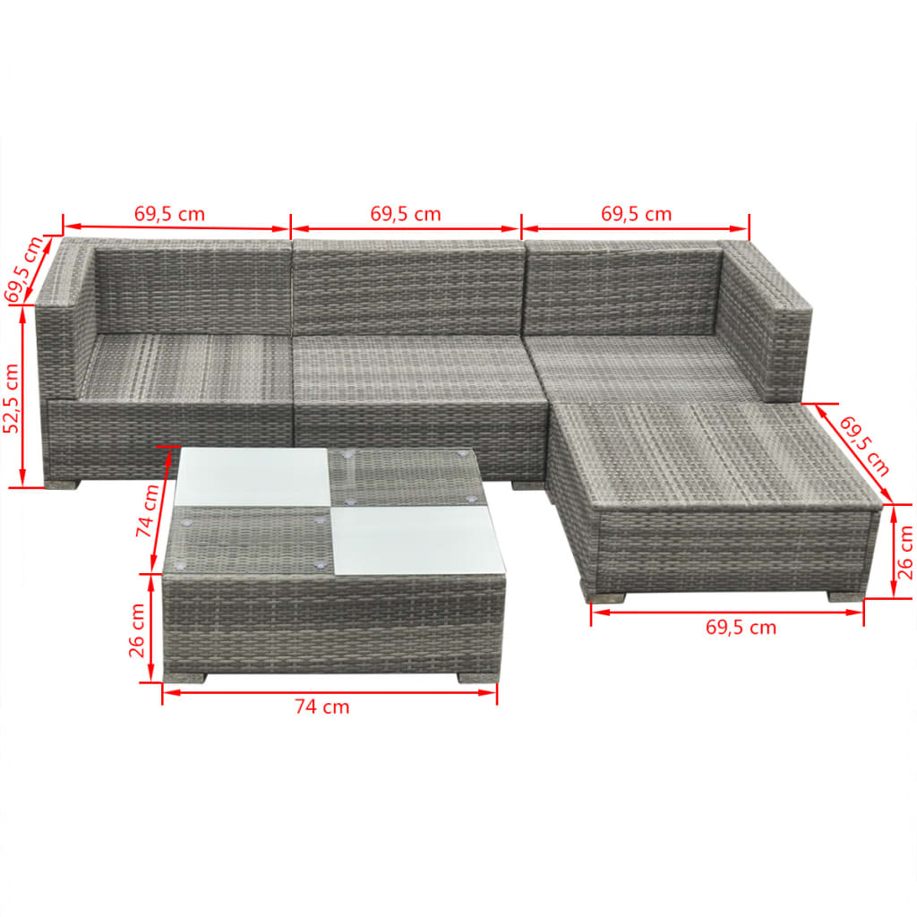 Set Divani da Giardino 5 pz con Cuscini in Polyrattan Grigio - homemem39