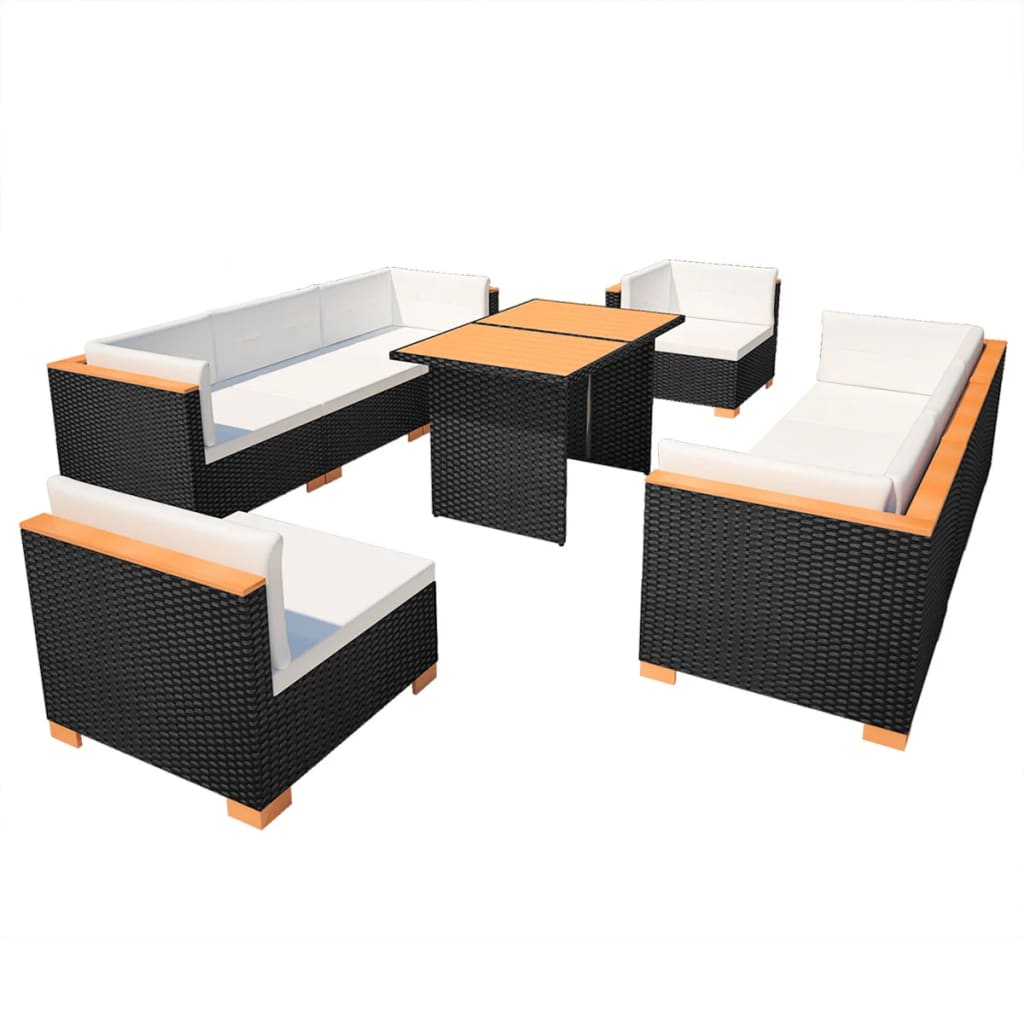 Set Divani da Giardino 10 pz con Cuscini in Polyrattan Nero - homemem39