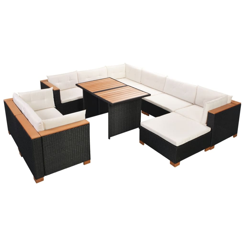 Set Divani da Giardino 10 pz con Cuscini in Polyrattan Nero - homemem39