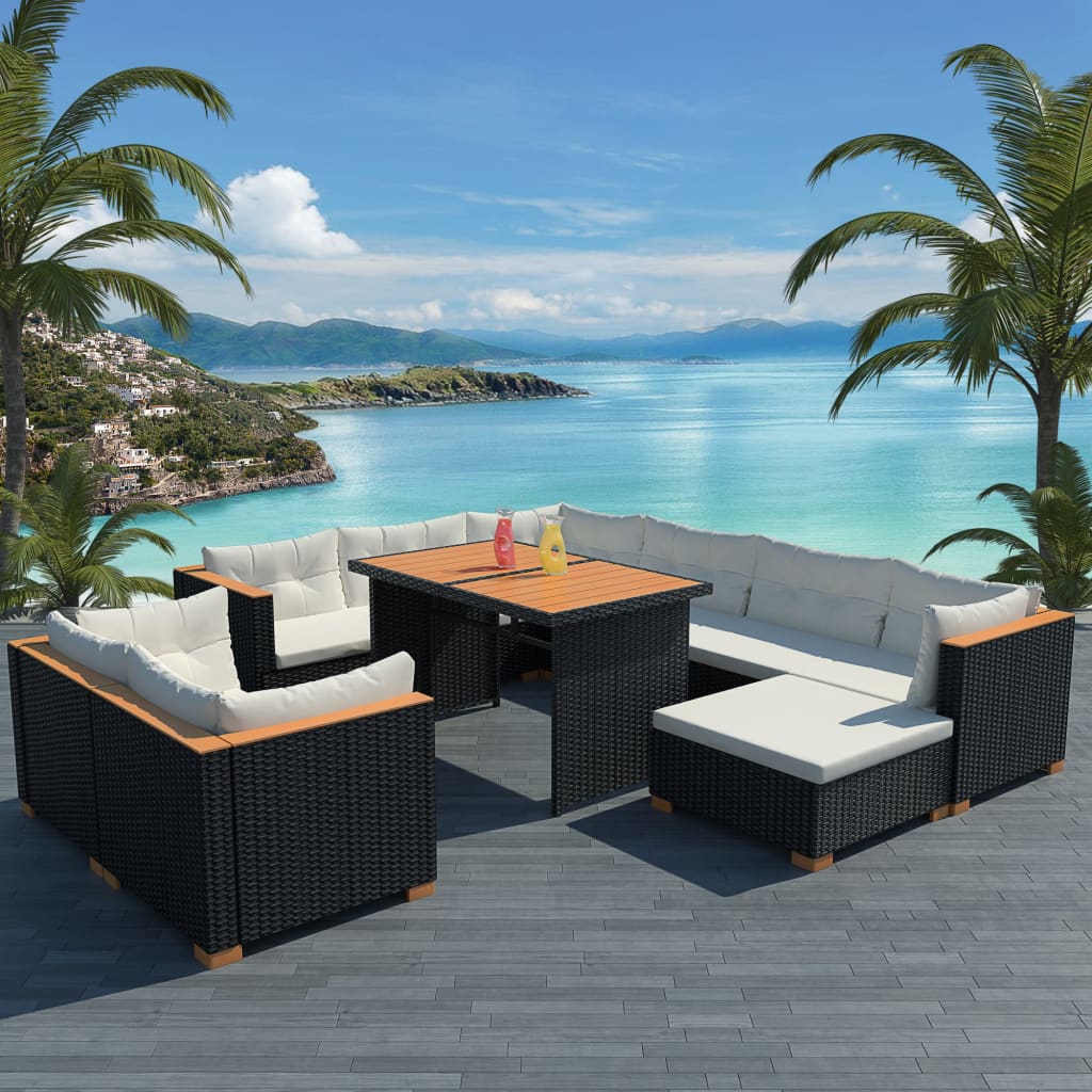 Set Divani da Giardino 10 pz con Cuscini in Polyrattan Nero - homemem39