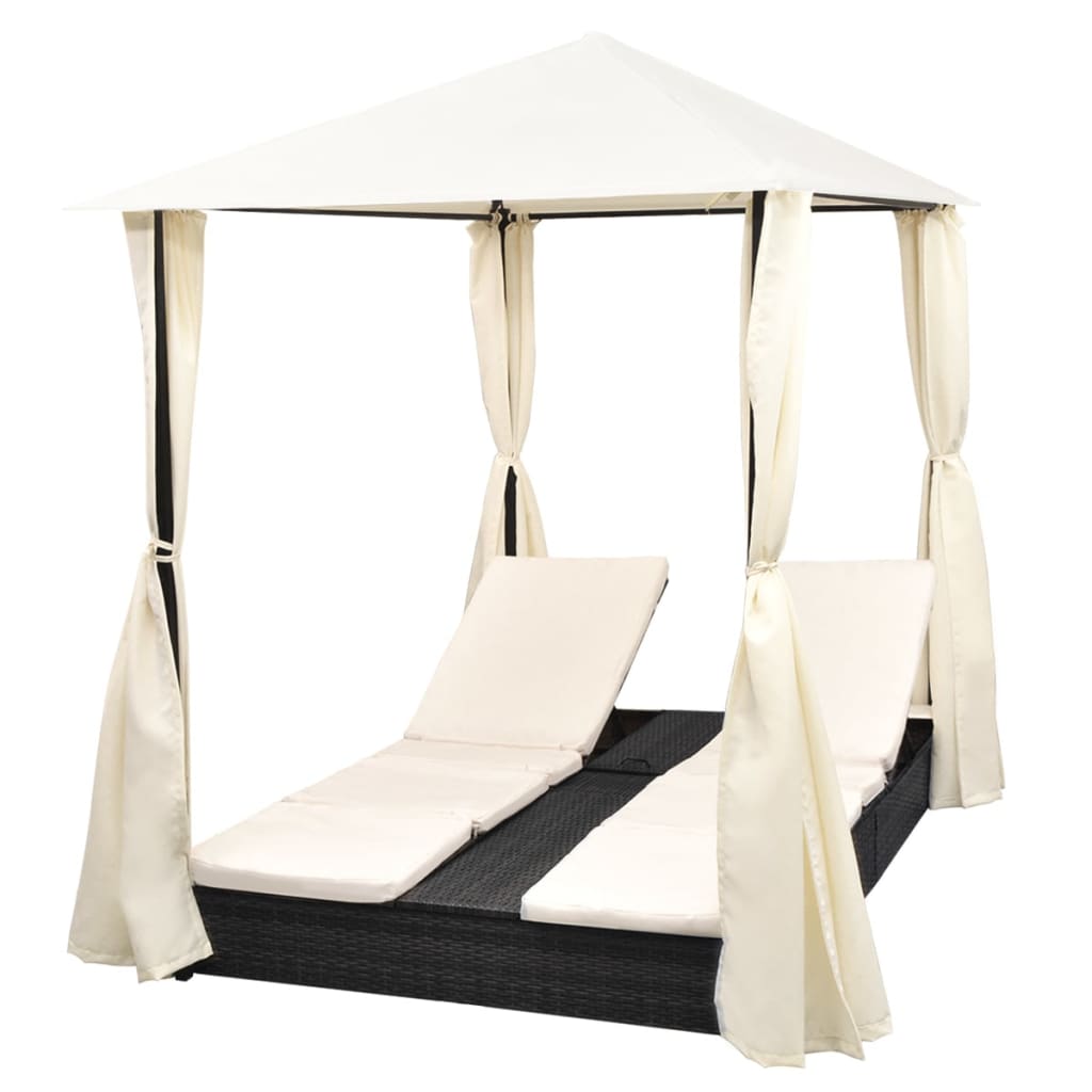 Lettino Prendisole Doppio con Tende in Polyrattan Nero - homemem39