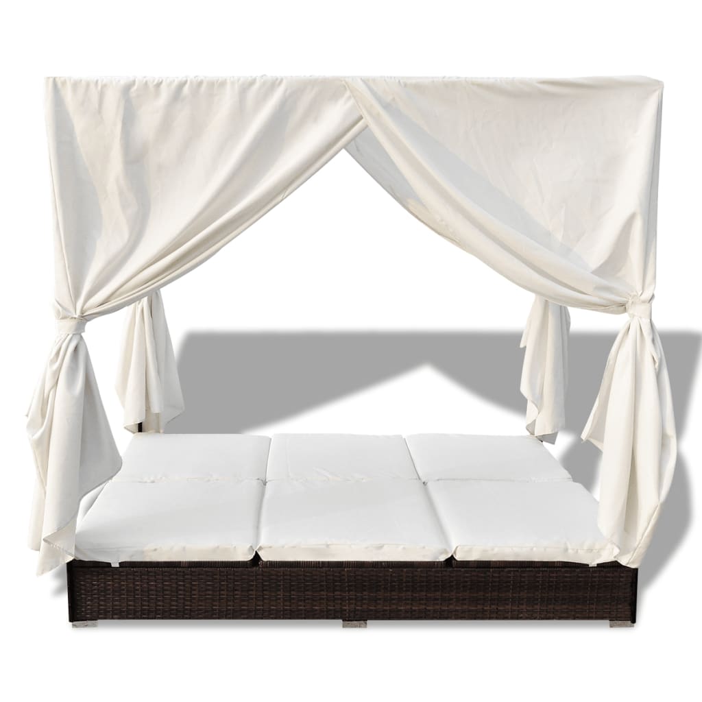 Lettino Prendisole con Tende in Polyrattan Marrone - homemem39