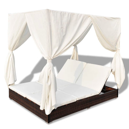 Lettino Prendisole con Tende in Polyrattan Marrone - homemem39