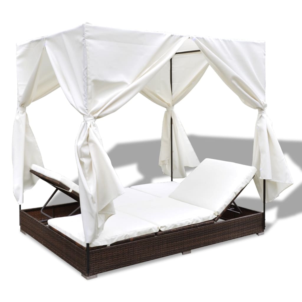 Lettino Prendisole con Tende in Polyrattan Marrone - homemem39