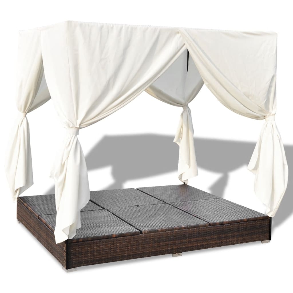 Lettino Prendisole con Tende in Polyrattan Marrone - homemem39