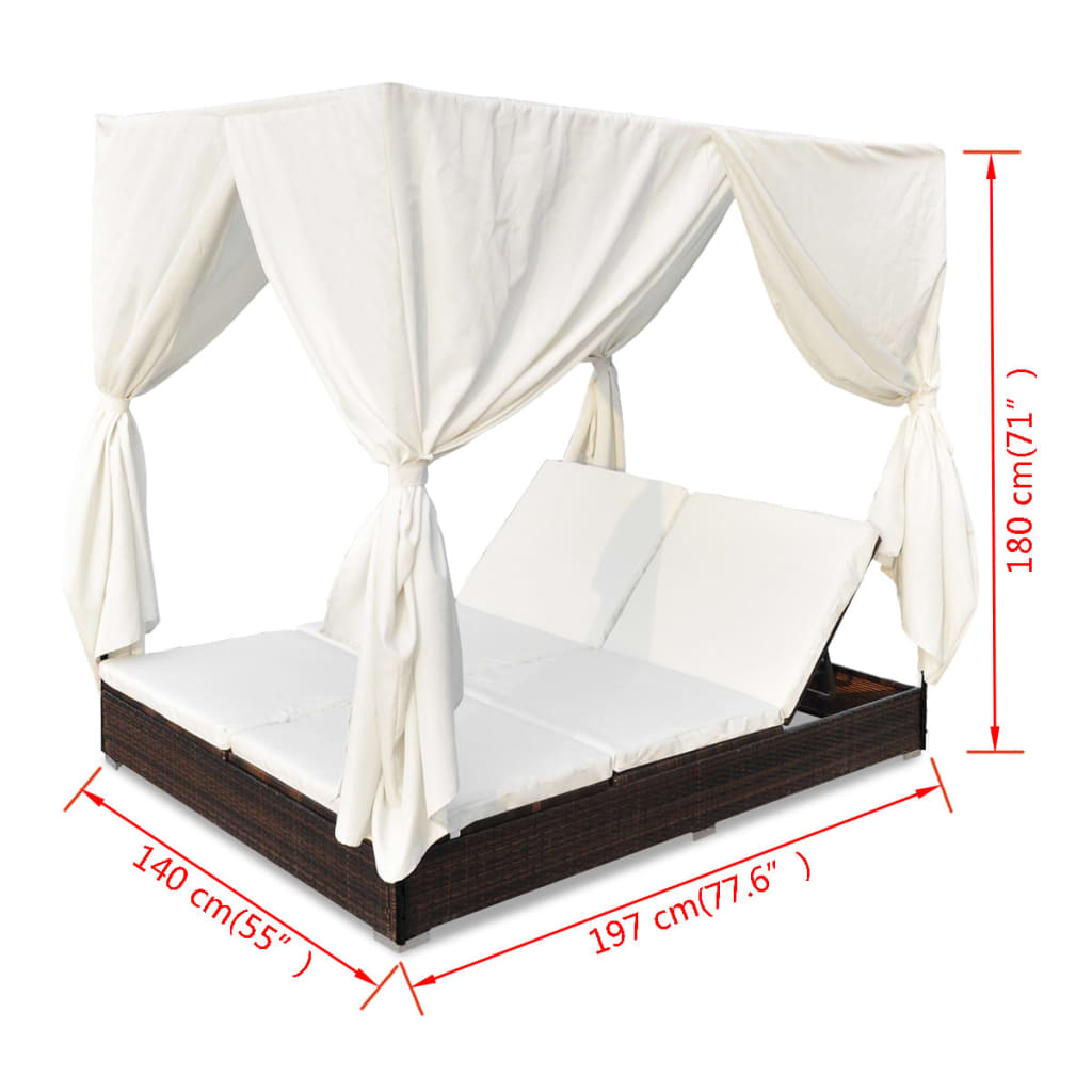 Lettino Prendisole con Tende in Polyrattan Marrone - homemem39