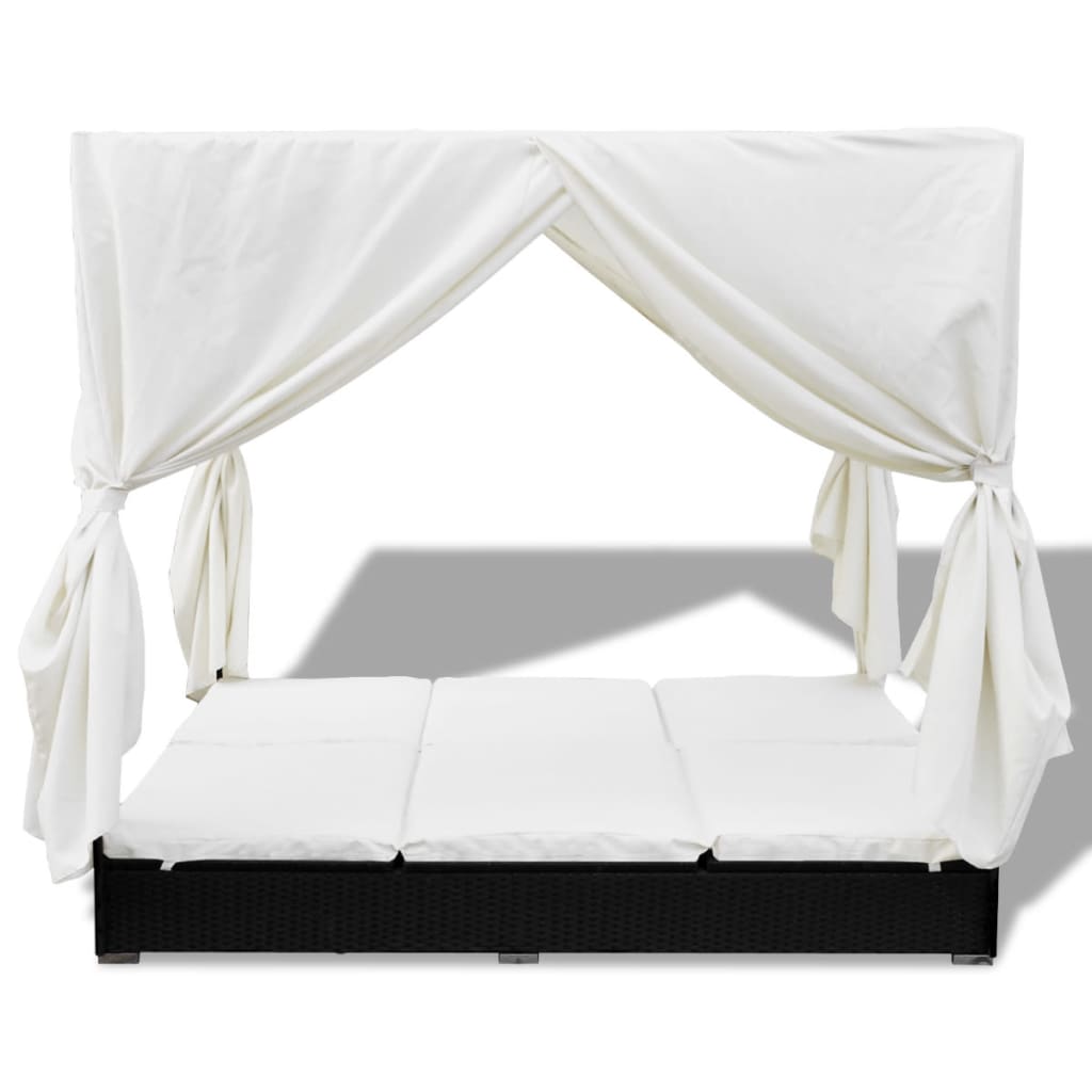 Lettino Prendisole con Tende in Polyrattan Nero - homemem39