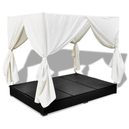 Lettino Prendisole con Tende in Polyrattan Nero - homemem39