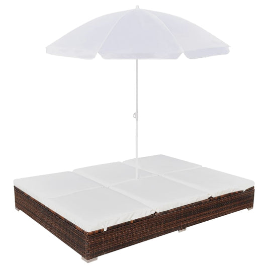 Lettino Prendisole con Ombrellone in Polyrattan Marrone - homemem39