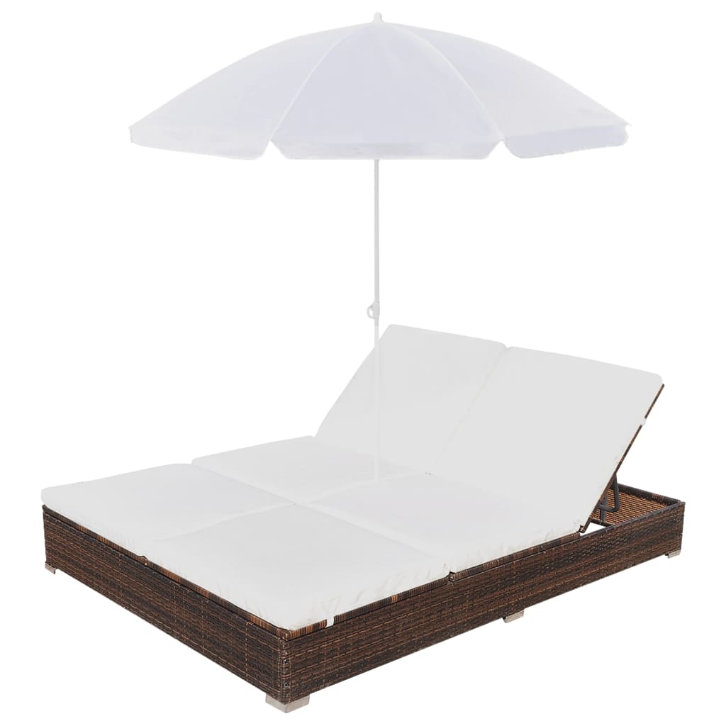 Lettino Prendisole con Ombrellone in Polyrattan Marrone - homemem39