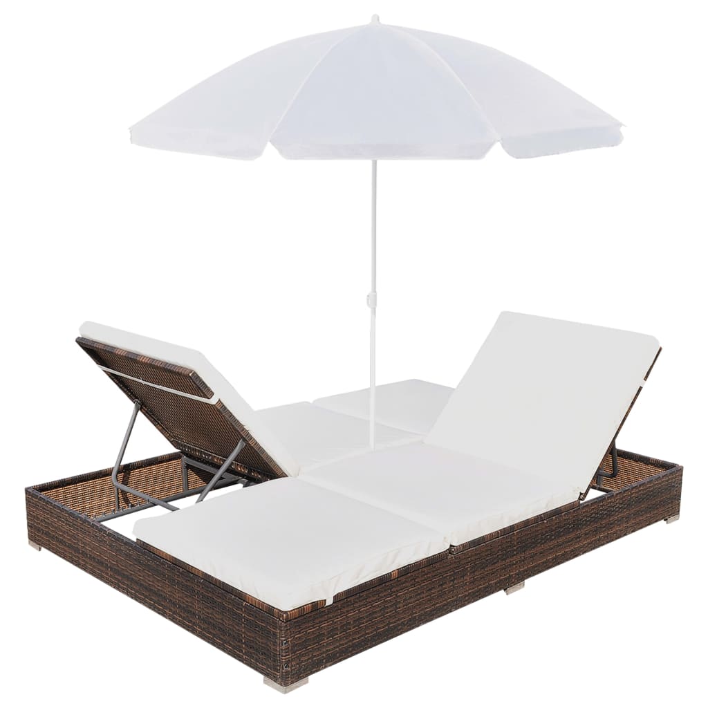 Lettino Prendisole con Ombrellone in Polyrattan Marrone - homemem39