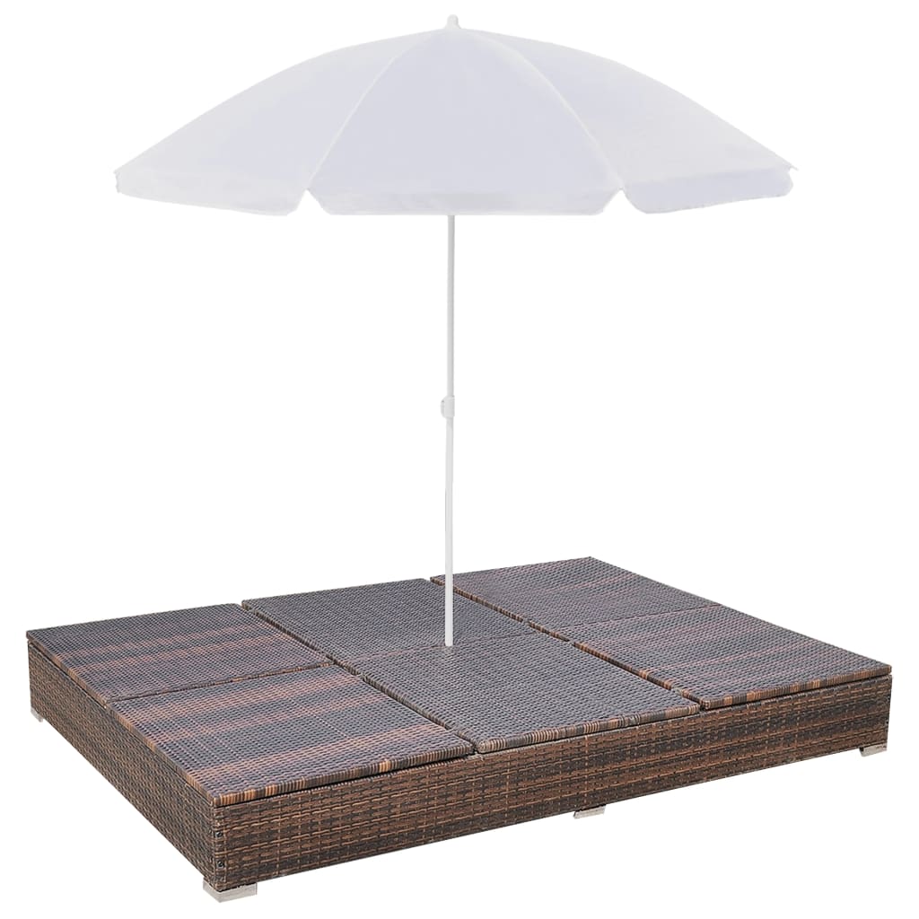 Lettino Prendisole con Ombrellone in Polyrattan Marrone - homemem39