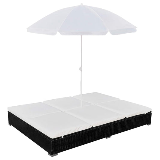 Lettino Prendisole con Ombrellone in Polyrattan Nero - homemem39