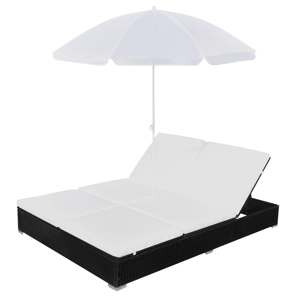 Lettino Prendisole con Ombrellone in Polyrattan Nero - homemem39