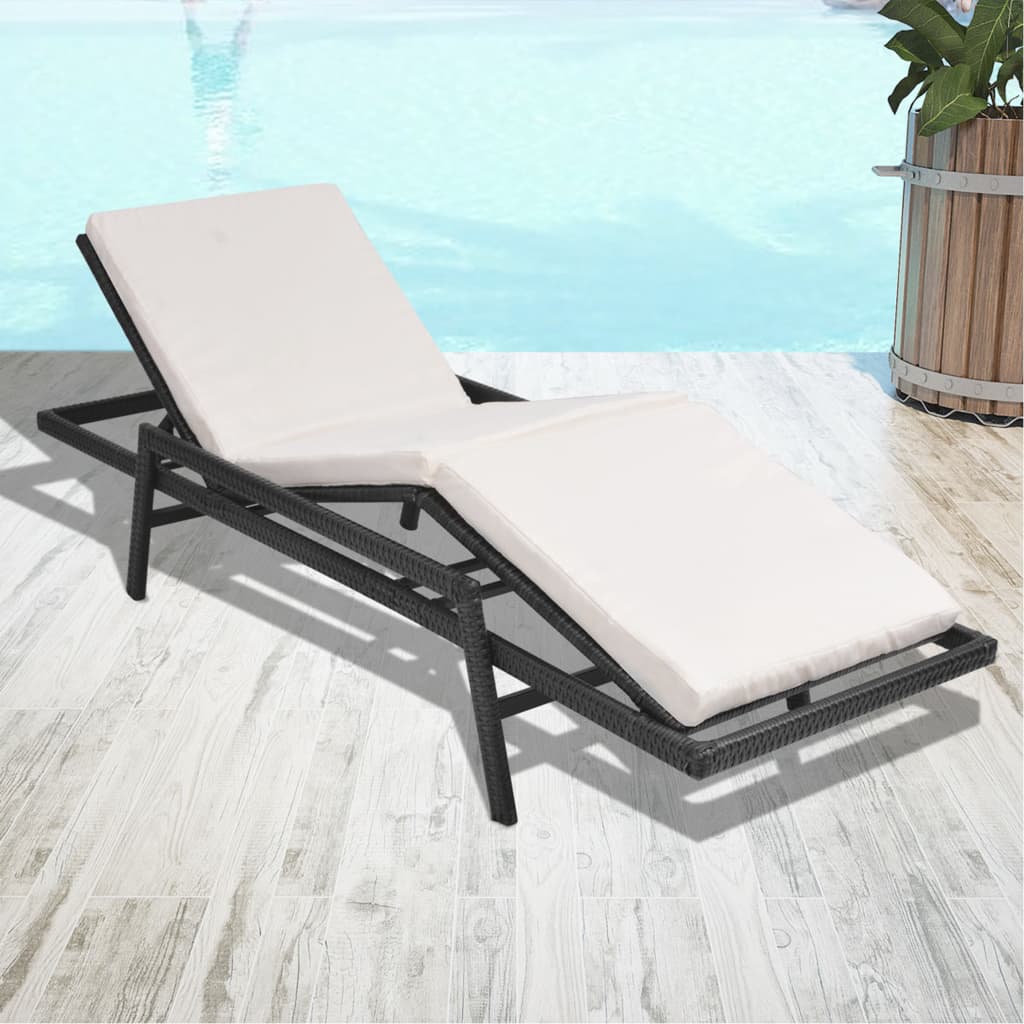 Lettino Prendisole con Cuscino in Polyrattan Nero - homemem39