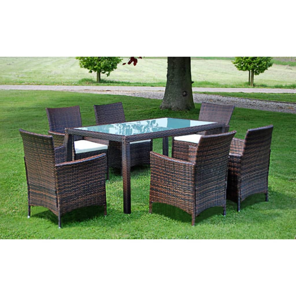 Set da Pranzo da Giardino 7 pz con Cuscini Polyrattan Marrone - homemem39