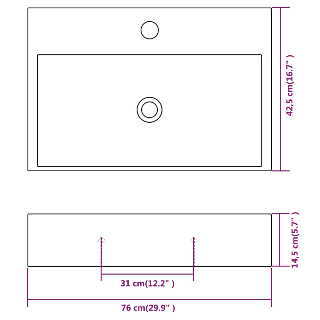 Lavandino con Foro Rubinetto in Ceramica Bianca 76x42,5x14,5 cm - homemem39