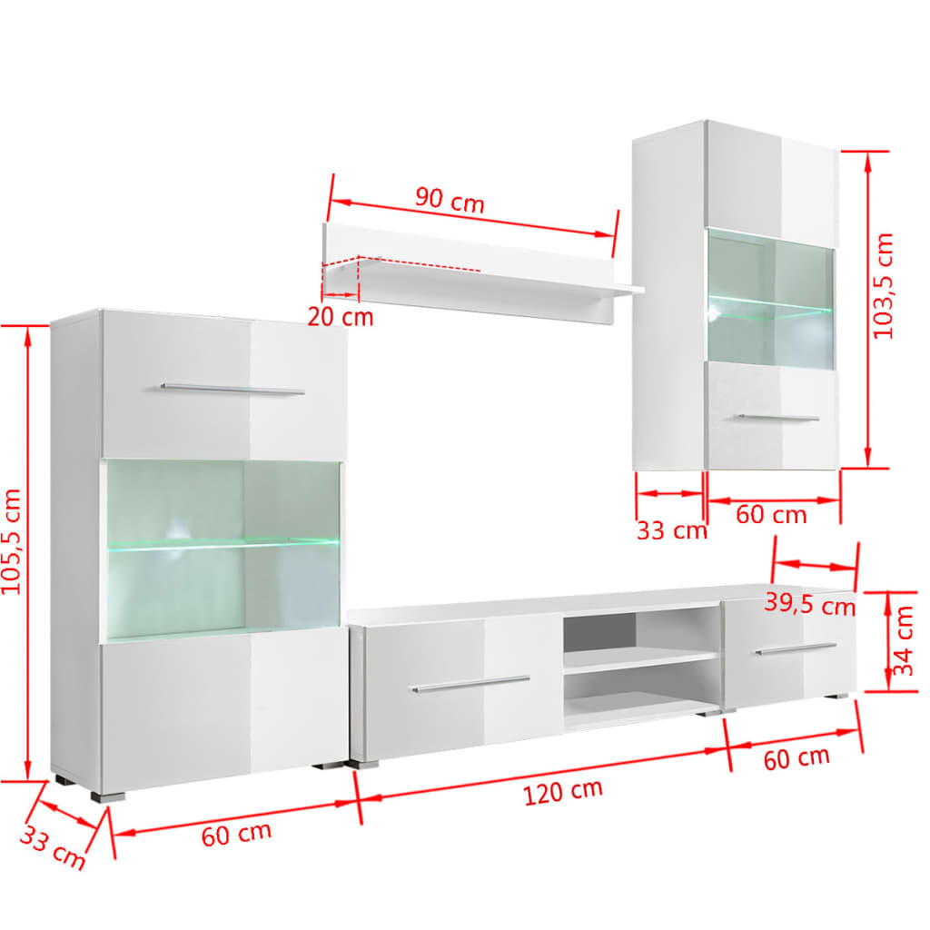 Mobile TV a Parete con Vetrina 5 pz Illuminazione LED Bianco - homemem39