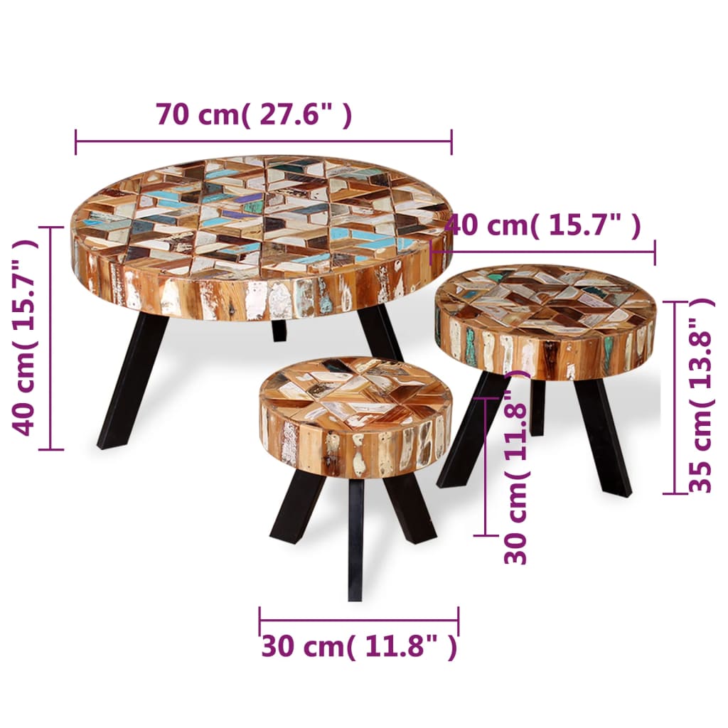 Set Tavolino da Caffè 3 pz in Legno Massello Riciclato - homemem39