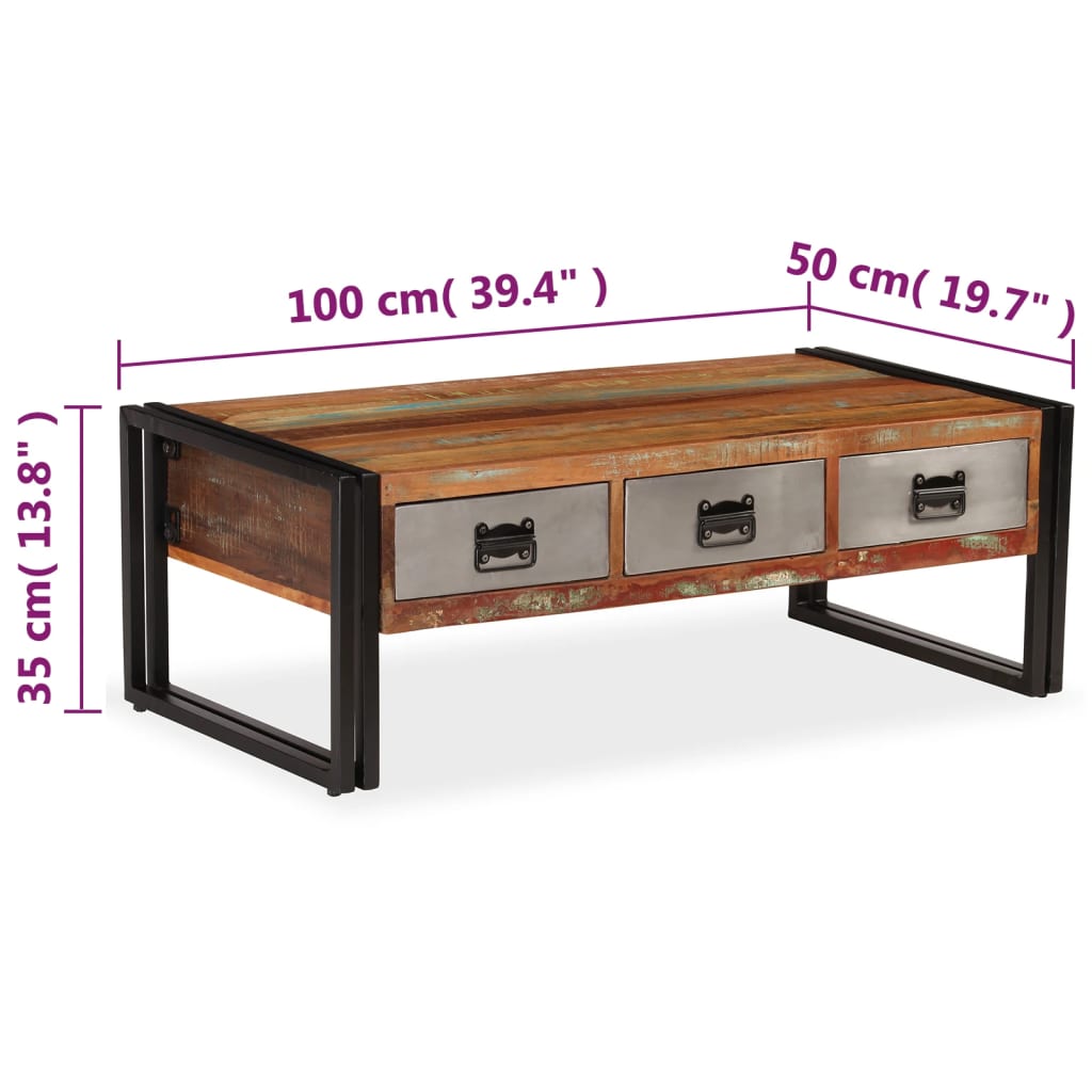 Tavolino da Caffè 3 Cassetti in Massello Recuperato 100x50x35cm - homemem39