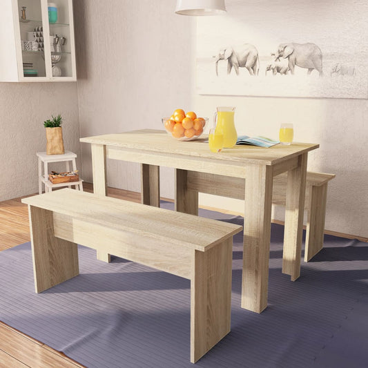 Tavolo da Pranzo e Panche 3 pz in Legno Multistrato Rovere - homemem39