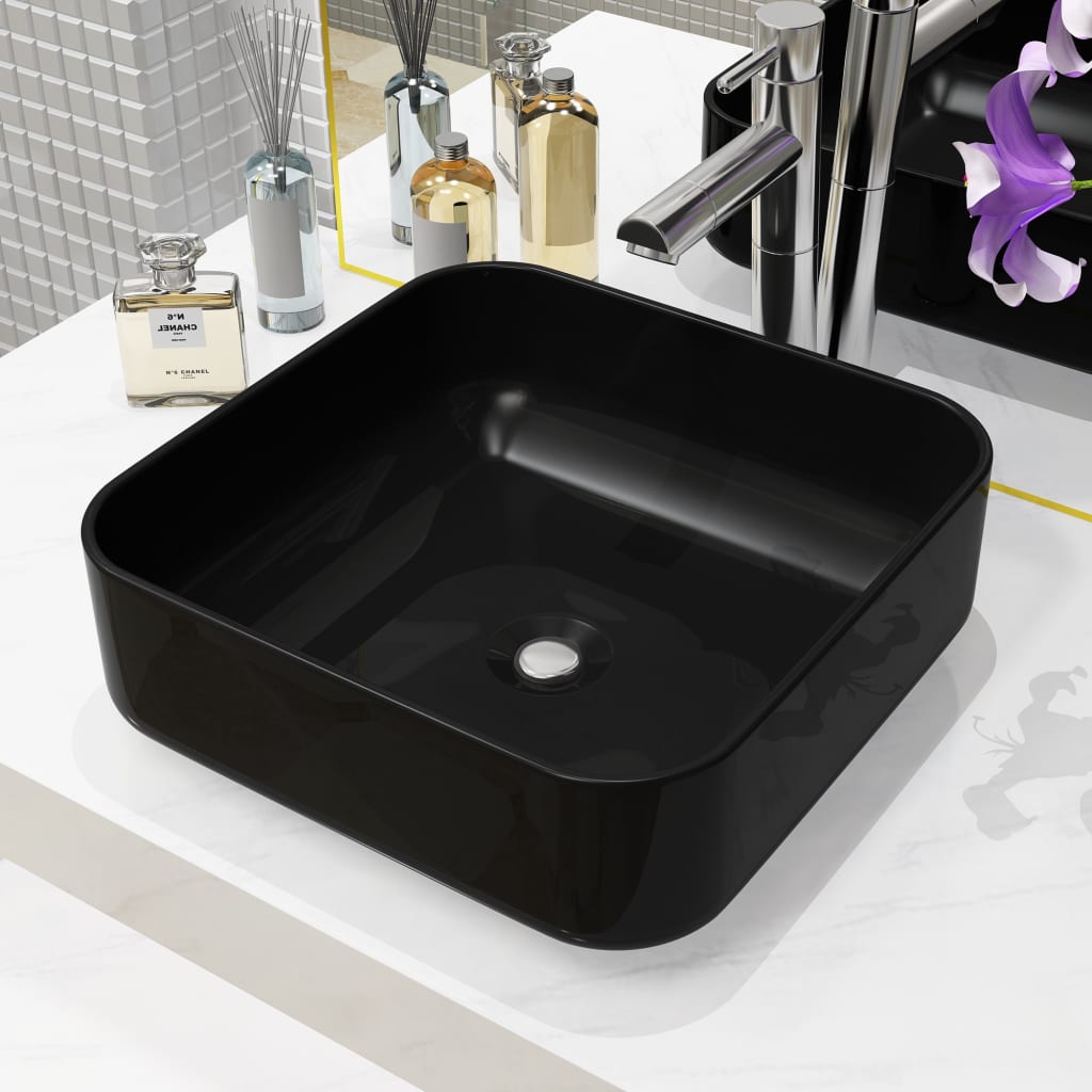 Lavandino Quadrato in Ceramica Nero 38x38x13,5 cm - homemem39