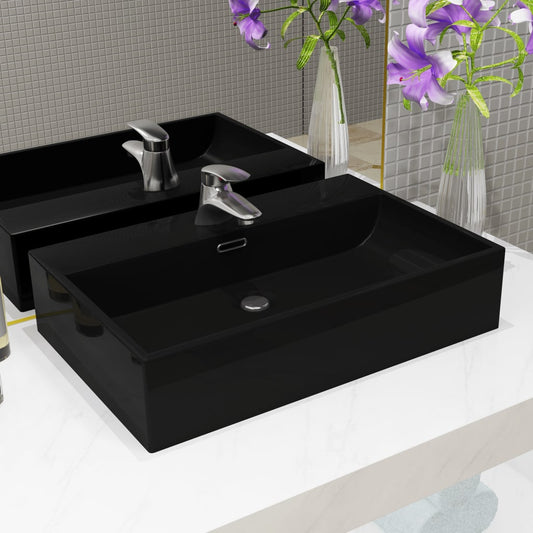 Lavandino con Foro Rubinetto in Ceramica Nero 76x42,5x14,5 cm - homemem39