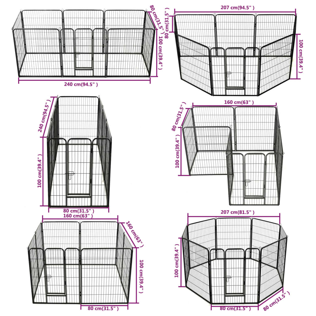 Box per Cani con 8 Pannelli in Acciaio 80x100 cm Nero - homemem39